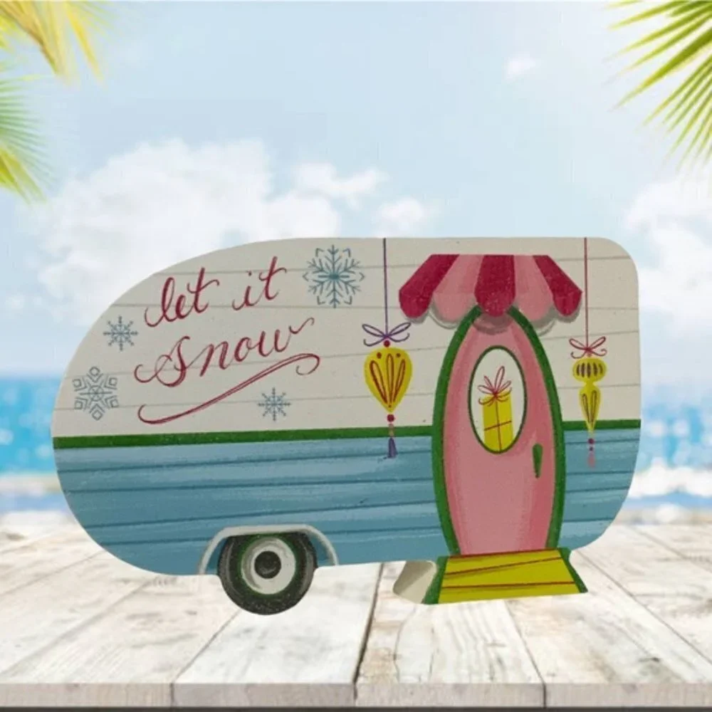 Christmas Camper Table Decor Wood Block Decoration Let it Snow Tropical